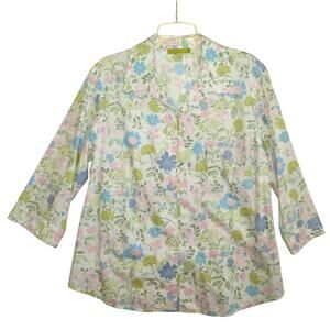1X Sigrid Olsen Top Flower Buttons Blouse Cotton Shirt Pastel Grandma Cottage